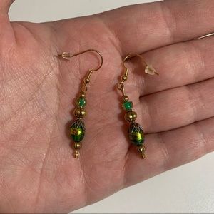 Green and Gold Iridescent Beaded Drop Earrings